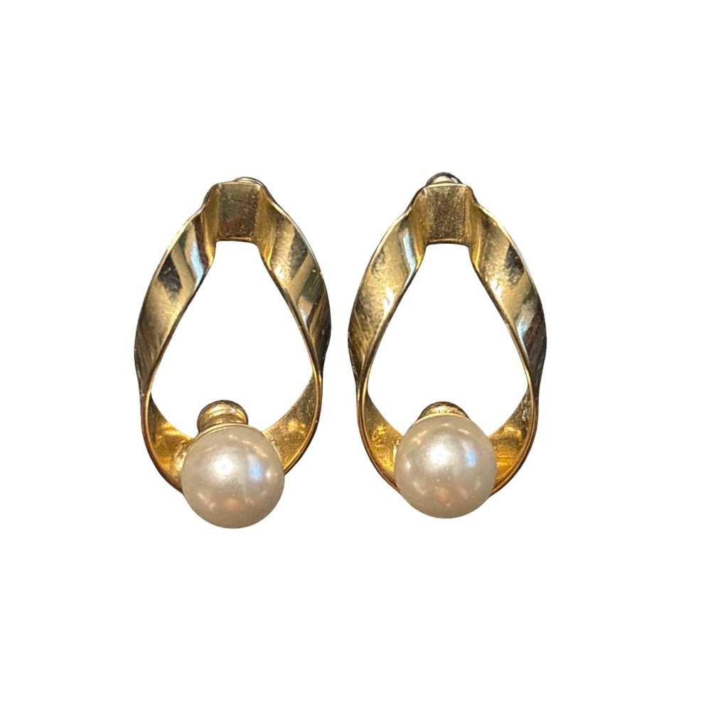 Vintage‎ Gold Tone Teardrop Faux Pearl Earrings Classic Fashion Costume Jewelry